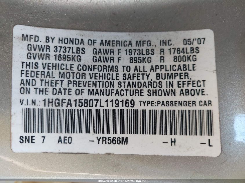 2007 Honda Civic Ex VIN: 1HGFA15807L119169 Lot: 43386528