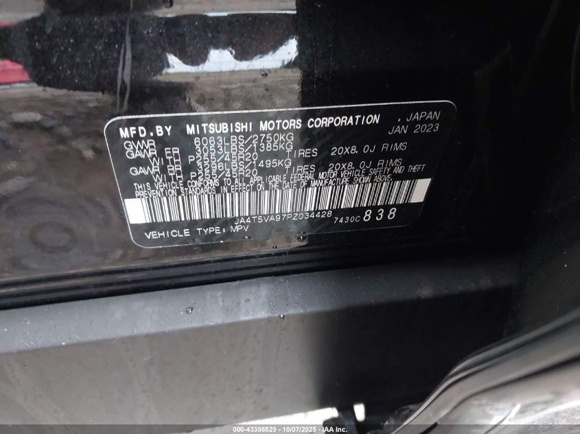 2023 Mitsubishi Outlander Phev Sel S-Awc VIN: JA4T5VA97PZ034428 Lot: 43386529