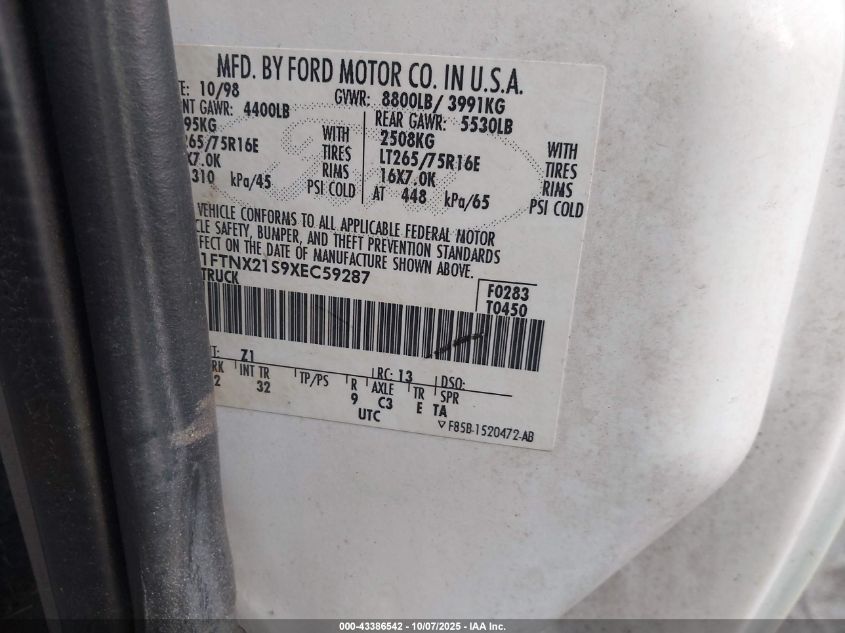 1999 Ford F-250 Lariat/Xl/Xlt VIN: 1FTNX21S9XEC59287 Lot: 43386542