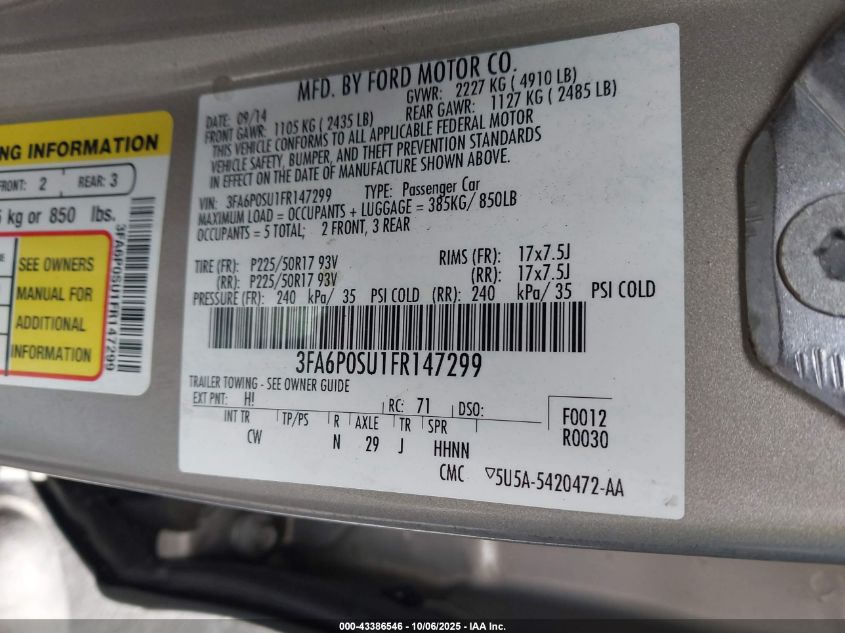 2015 Ford Fusion Energi Titanium VIN: 3FA6P0SU1FR147299 Lot: 43386546