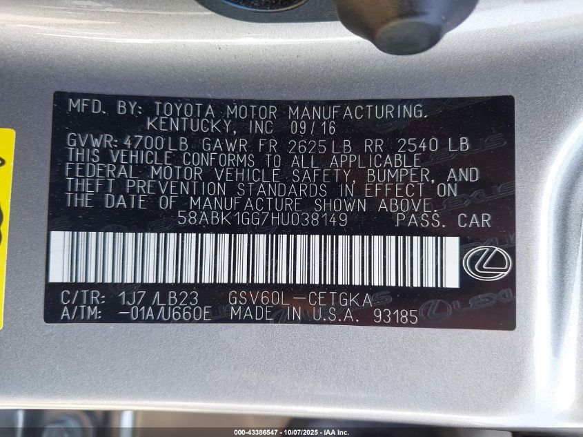 2017 Lexus Es 350 VIN: 58ABK1GG7HU038149 Lot: 43386547