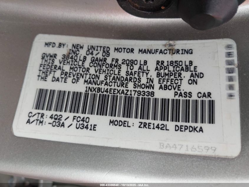 2010 Toyota Corolla Le VIN: 1NXBU4EEXAZ179338 Lot: 43386548