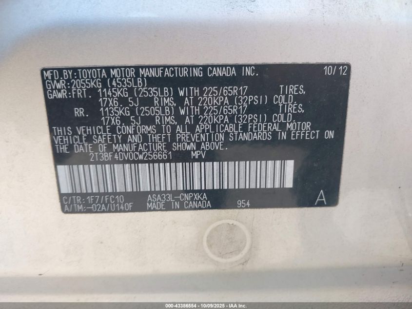 2012 Toyota Rav4 VIN: 2T3BF4DV0CW256661 Lot: 43386554