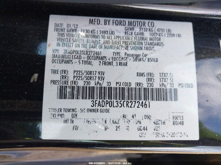 2012 Ford Fusion Hybrid VIN: 3FADP0L35CR272461 Lot: 43386553