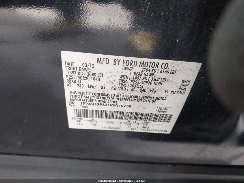 2013 Ford Explorer Limited VIN: 1FM5K8F83DGA19758 Lot: 43386561