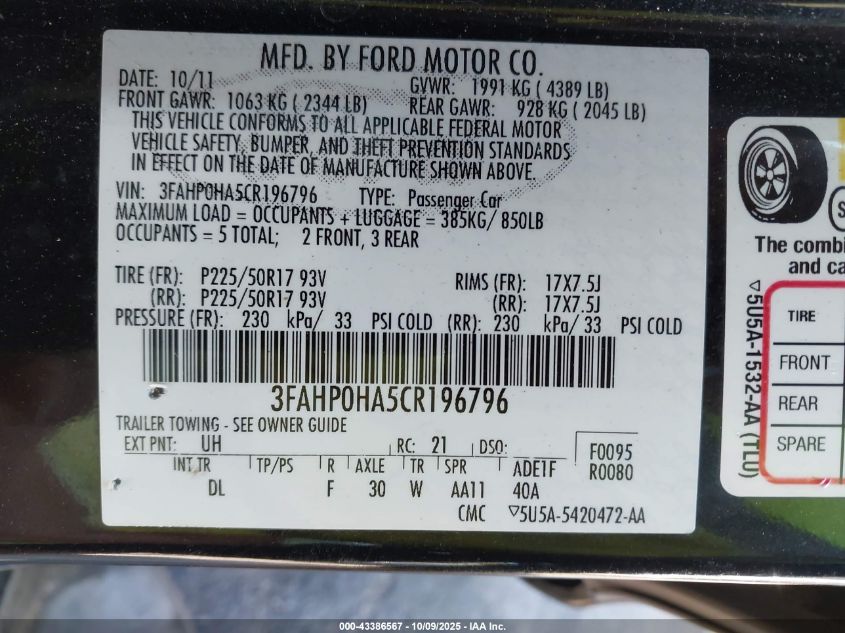 2012 Ford Fusion Se VIN: 3FAHP0HA5CR196796 Lot: 43386567