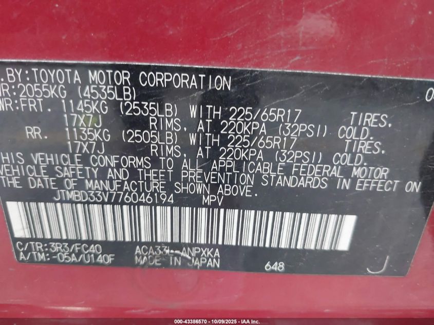 2007 Toyota Rav4 VIN: JTMBD33V776046194 Lot: 43386570