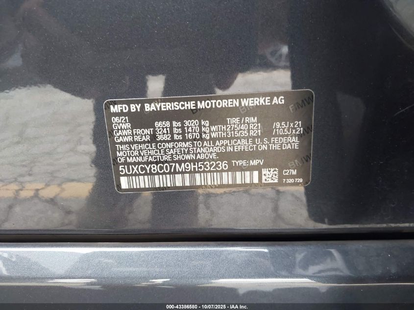 2021 BMW X6 M50I VIN: 5UXCY8C07M9H53236 Lot: 43386580