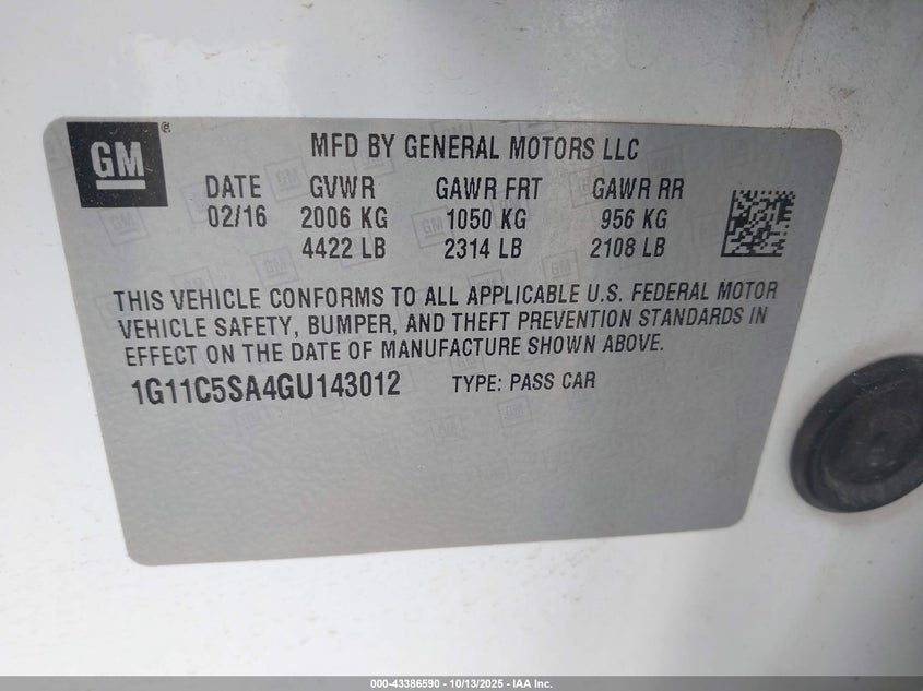 1G11C5SA4GU143012 2016 CHEVROLET MALIBU photo no. 9