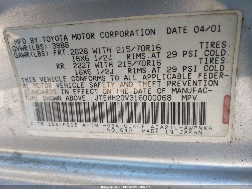 2001 Toyota Rav4 VIN: JTEHH20V316000068 Lot: 43386598