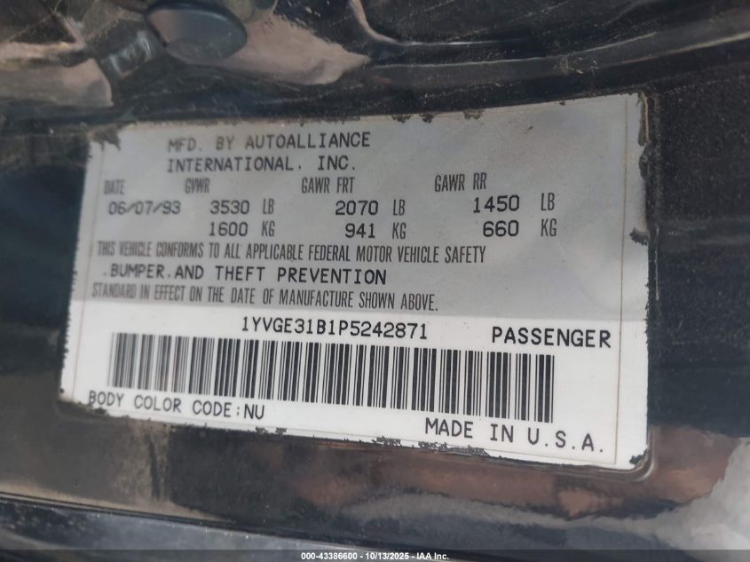 1993 Mazda Mx-6 Ls VIN: 1YVGE31B1P5242871 Lot: 43386600