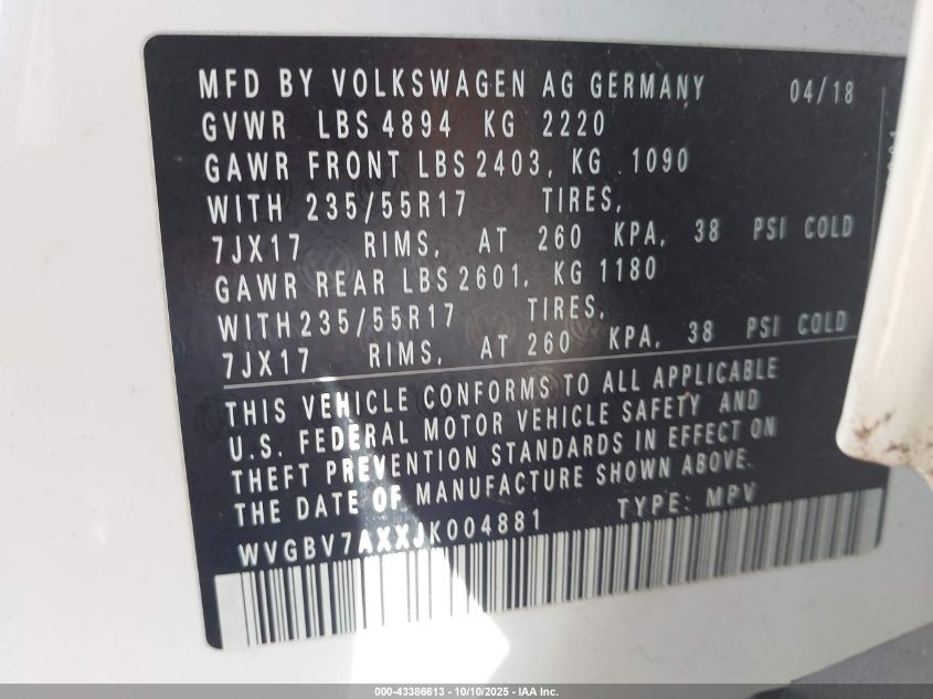 2018 Volkswagen Tiguan Limited 2.0T VIN: WVGBV7AXXJK004881 Lot: 43386613