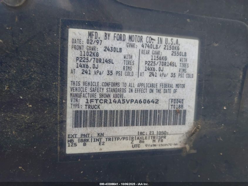 1997 Ford Ranger Xl/Xlt VIN: 1FTCR14A5VPA60642 Lot: 43386641