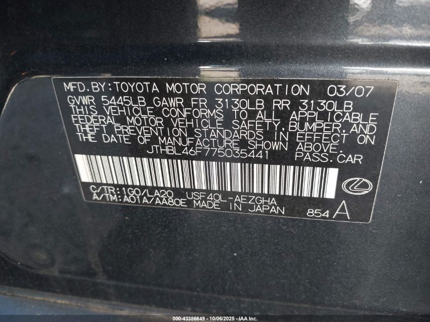 2007 Lexus Ls 460 VIN: JTHBL46F775035441 Lot: 43386649
