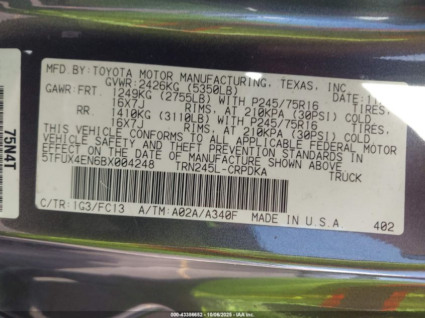 2011 Toyota Tacoma VIN: 5TFUX4EN6BX004248 Lot: 43386652