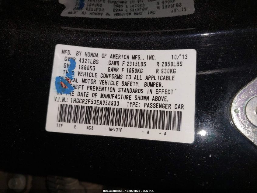 2014 Honda Accord Sport VIN: 1HGCR2F53EA058933 Lot: 43386658