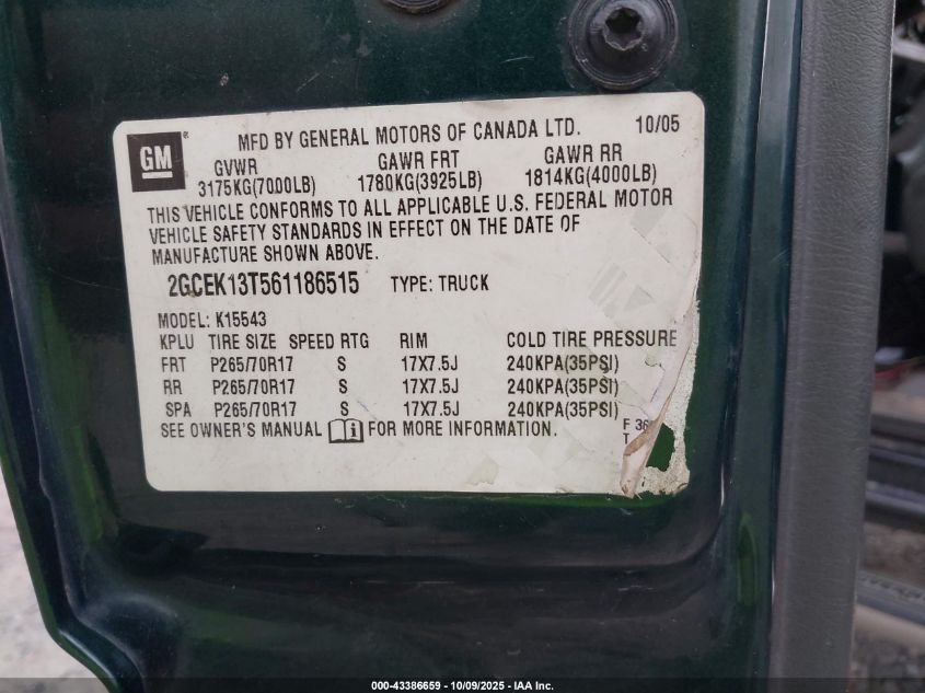 2006 Chevrolet Silverado 1500 Lt1 VIN: 2GCEK13T561186515 Lot: 43386659