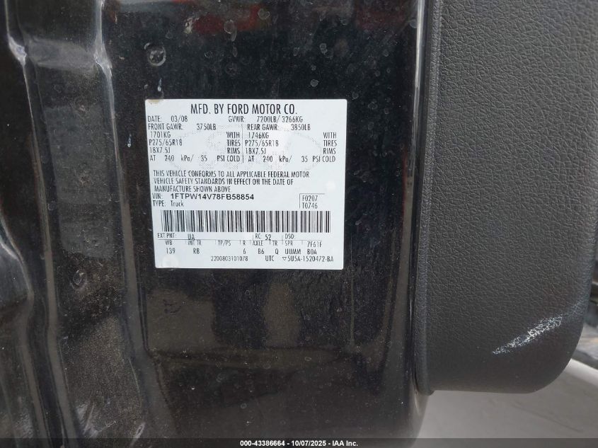 2008 Ford F-150 60Th Anniversary/Fx4/King Ranch/Lariat/Xlt VIN: 1FTPW14V78FB58854 Lot: 43386664