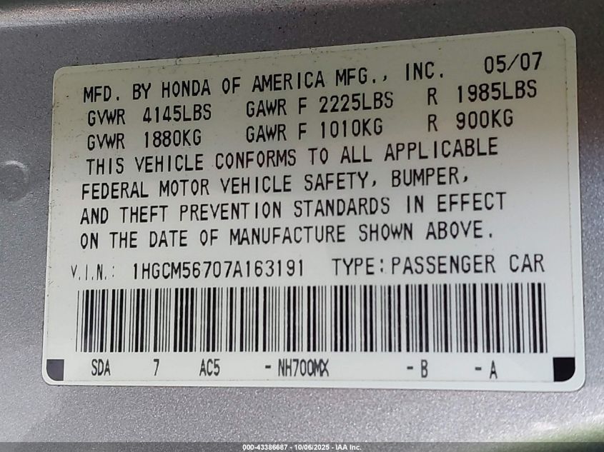 2007 Honda Accord 2.4 Ex VIN: 1HGCM56707A163191 Lot: 43386687