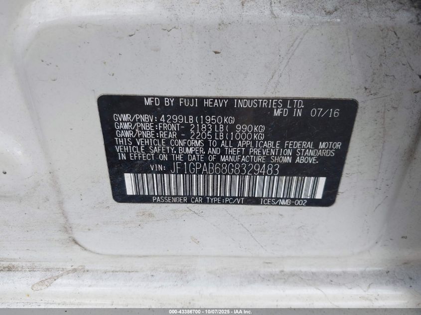 2016 Subaru Impreza 2.0I Premium VIN: JF1GPAB68G8329483 Lot: 43386700