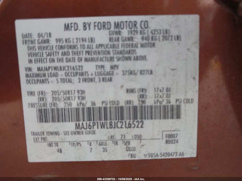 2018 Ford Ecosport Titanium VIN: MAJ6P1WL8JC216522 Lot: 43386703