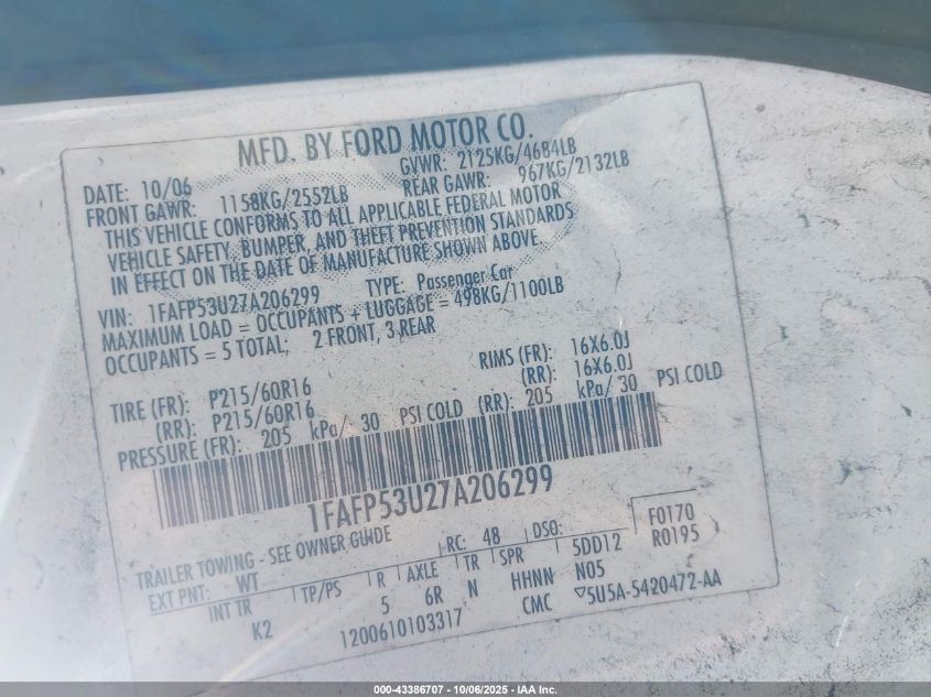 2007 Ford Taurus Se VIN: 1FAFP53U27A206299 Lot: 43386707