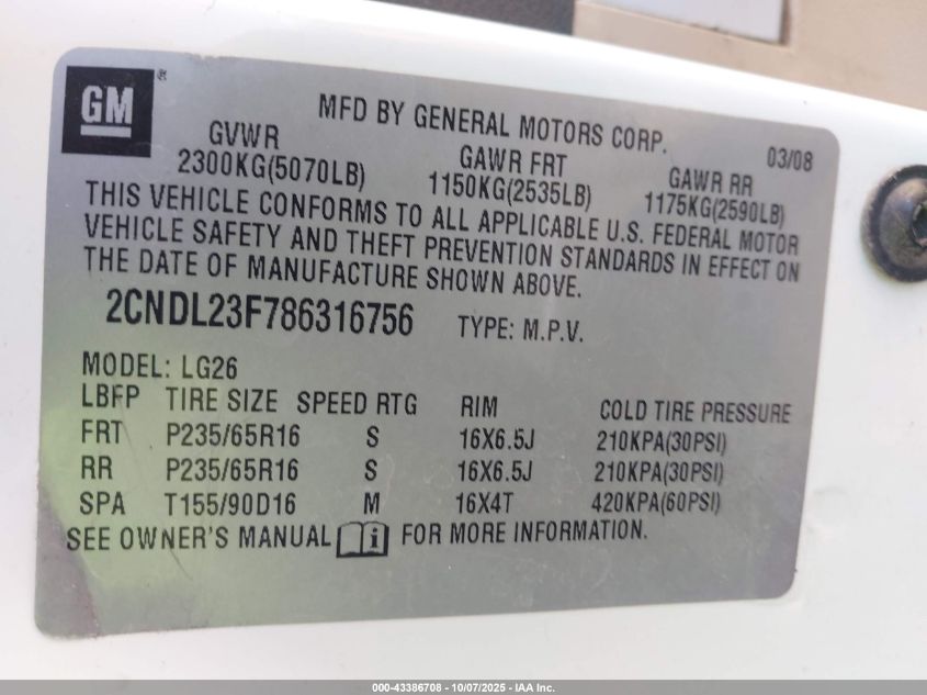 2008 Chevrolet Equinox Ls VIN: 2CNDL23F786316756 Lot: 43386708