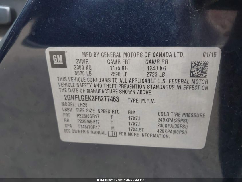 2015 Chevrolet Equinox 2Lt VIN: 2GNFLGEK3F6277463 Lot: 43386710