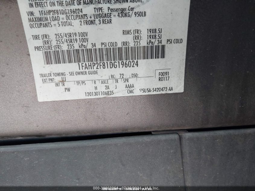 2013 Ford Taurus Limited VIN: 1FAHP2F81DG196024 Lot: 43386716