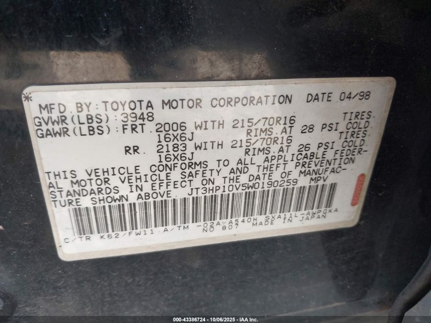 1998 Toyota Rav4 VIN: JT3HP10V5W0190259 Lot: 43386724