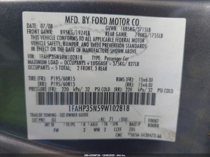 2009 Ford Focus Se VIN: 1FAHP35N59W102818 Lot: 43386726