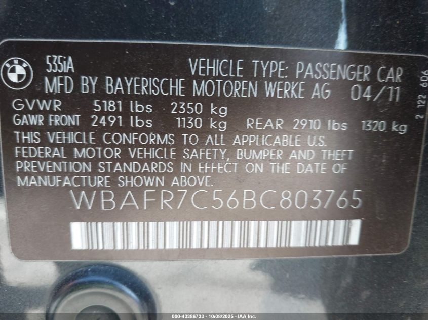 2011 BMW 535I VIN: WBAFR7C56BC803765 Lot: 43386733