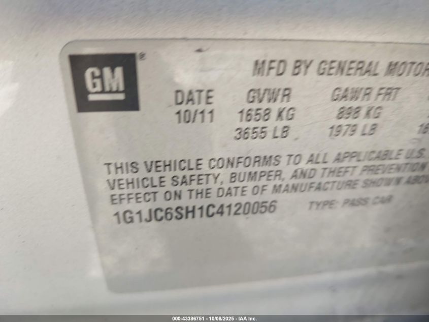 2012 Chevrolet Sonic 2Lt VIN: 1G1JC6SH1C4120056 Lot: 43386751