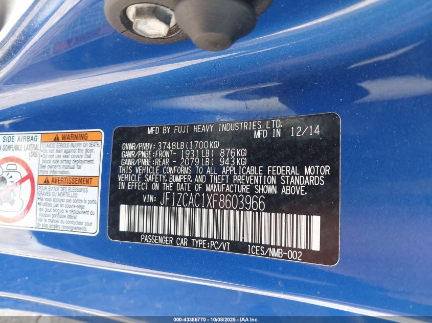 2015 Subaru Brz Limited VIN: JF1ZCAC1XF8603966 Lot: 43386770