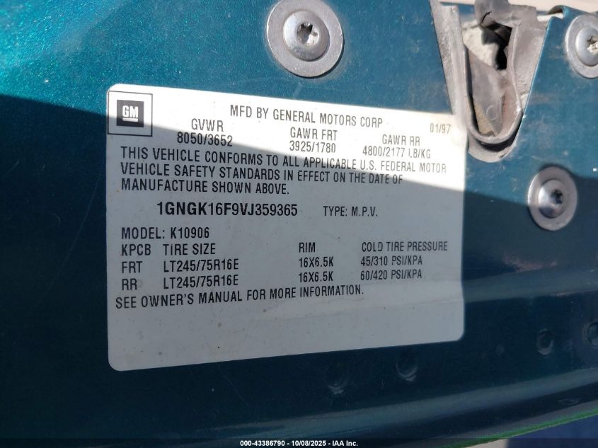 1997 Chevrolet Suburban 1500 VIN: 1GNGK16F9VJ359365 Lot: 43386790