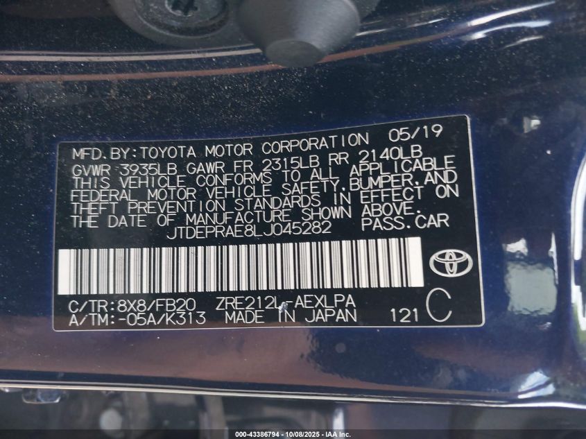 2020 Toyota Corolla Le VIN: JTDEPRAE8LJ045282 Lot: 43386794