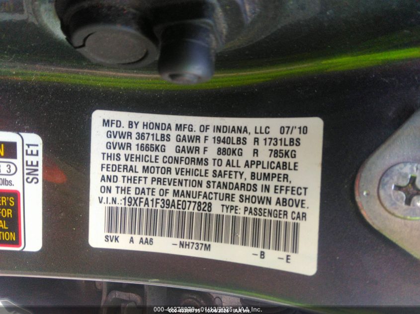 2010 Honda Civic Vp VIN: 19XFA1F39AE077828 Lot: 43386795