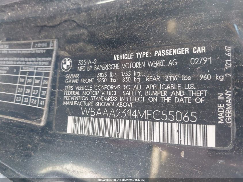 1991 BMW 325 I Automatic/Is Automatic VIN: WBAAA2314MEC55065 Lot: 43386798