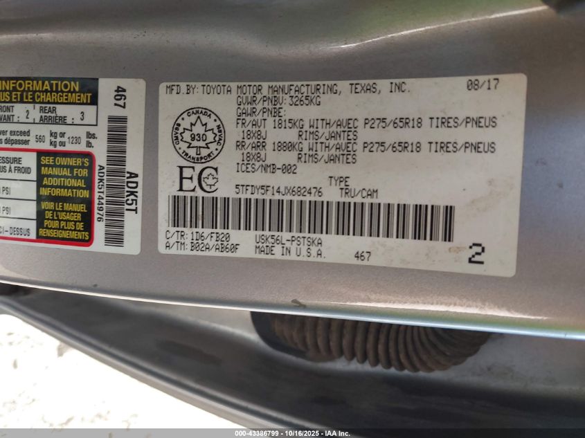 2018 Toyota Tundra Sr5 Plus 5.7L V8 VIN: 5TFDY5F14JX682476 Lot: 43386799