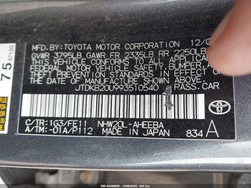 2009 Toyota Prius VIN: JTDKB20U993510540 Lot: 43386806