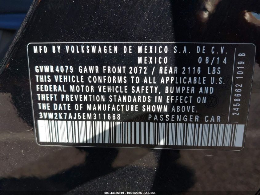 2014 Volkswagen Jetta 2.0L S VIN: 3VW2K7AJ5EM311668 Lot: 43386819