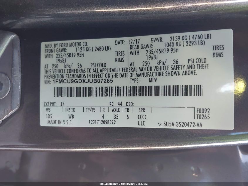 2018 Ford Escape Se VIN: 1FMCU9GDXJUB07285 Lot: 43386823