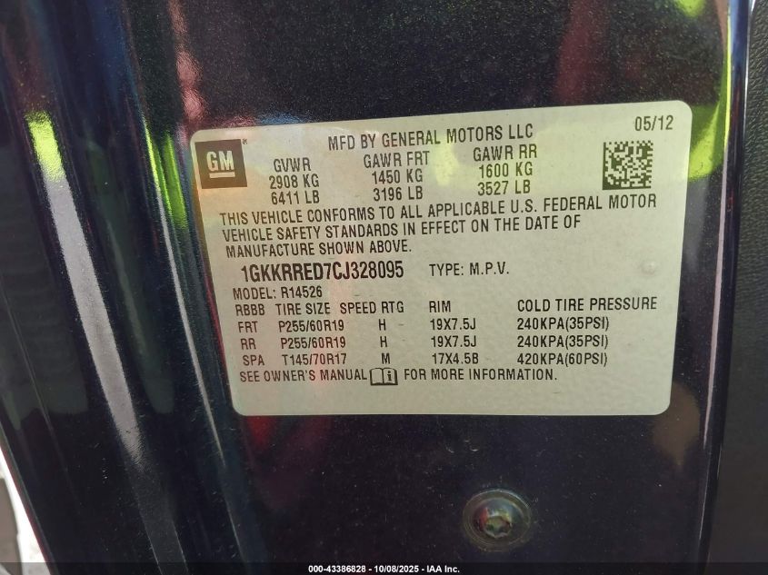2012 GMC Acadia Slt-1 VIN: 1GKKRRED7CJ328095 Lot: 43386828