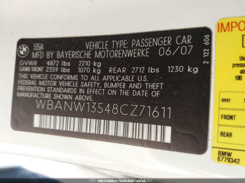 2008 BMW 535I VIN: WBANW13548CZ71611 Lot: 43386829