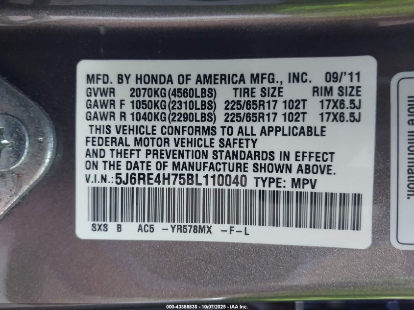 2011 Honda Cr-V Ex-L VIN: 5J6RE4H75BL110040 Lot: 43386830