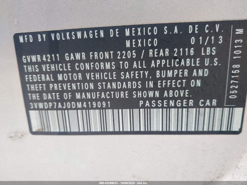 2013 Volkswagen Jetta 2.5L Se VIN: 3VWDP7AJ0DM419091 Lot: 43386833