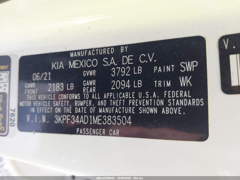 2021 Kia Forte Gt-Line VIN: 3KPF34AD1ME383504 Lot: 43386842