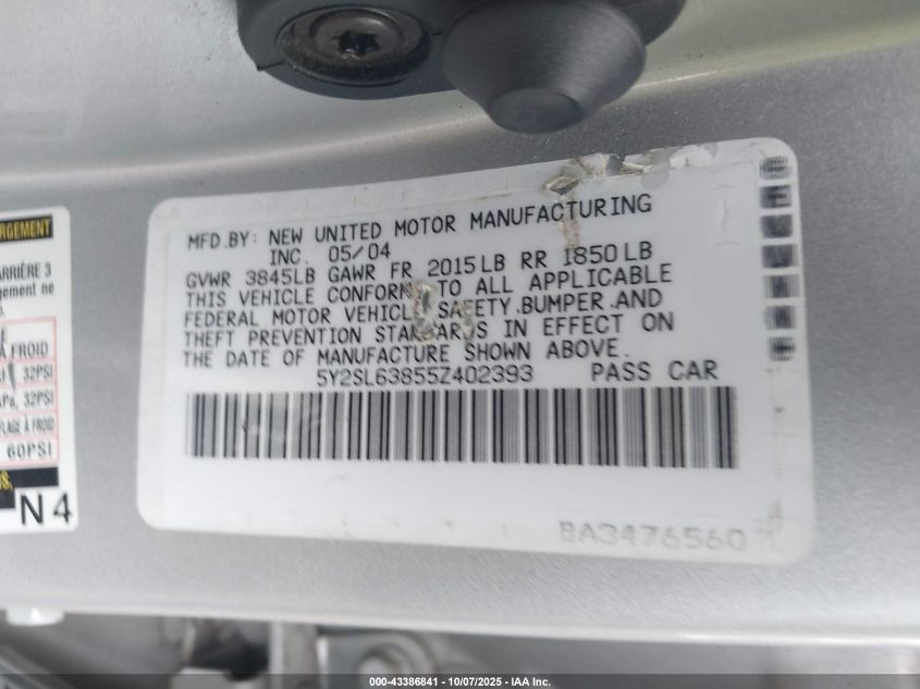 2005 Pontiac Vibe VIN: 5Y2SL63855Z402393 Lot: 43386841