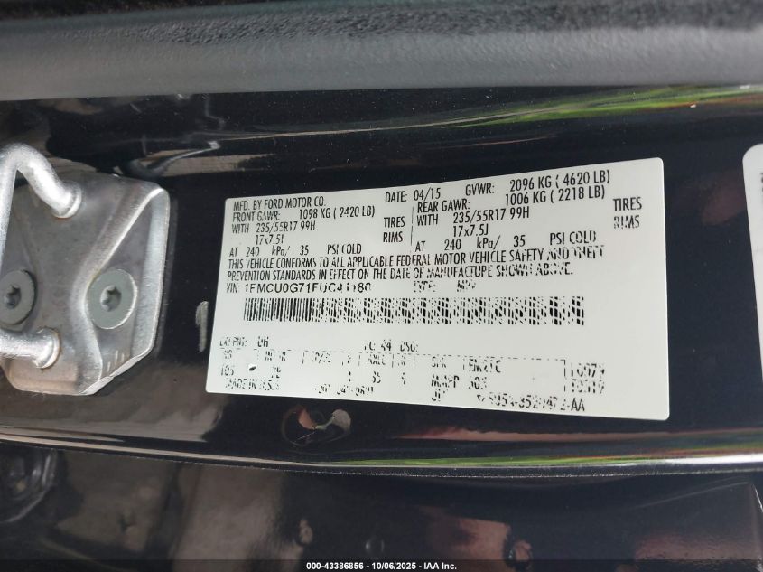 2015 Ford Escape Se VIN: 1FMCU0G71FUC41180 Lot: 43386856