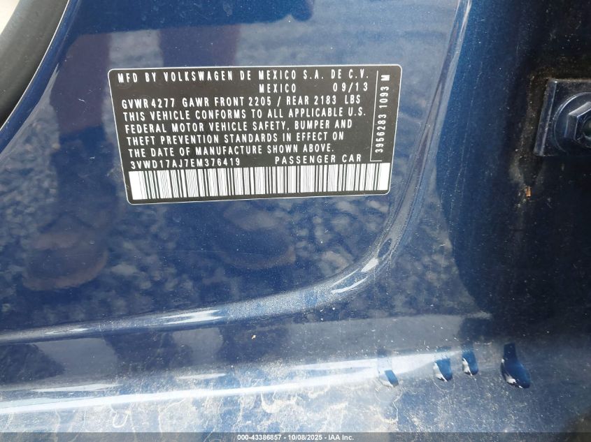 2014 Volkswagen Jetta 1.8T Se VIN: 3VWD17AJ7EM376419 Lot: 43386857